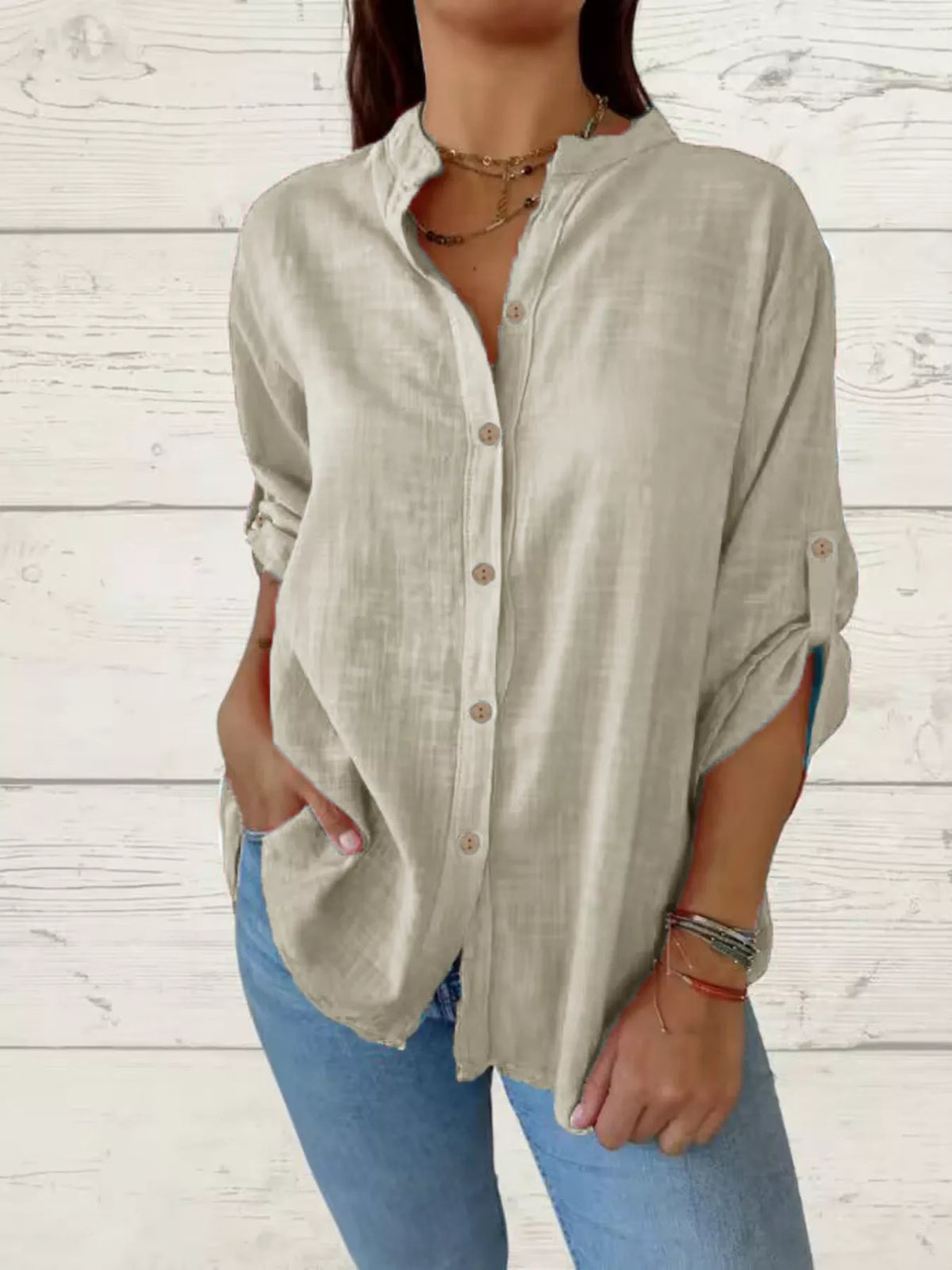 Full Size Casual Button-Down Roll-Up Sleeve Shirt Plus Size