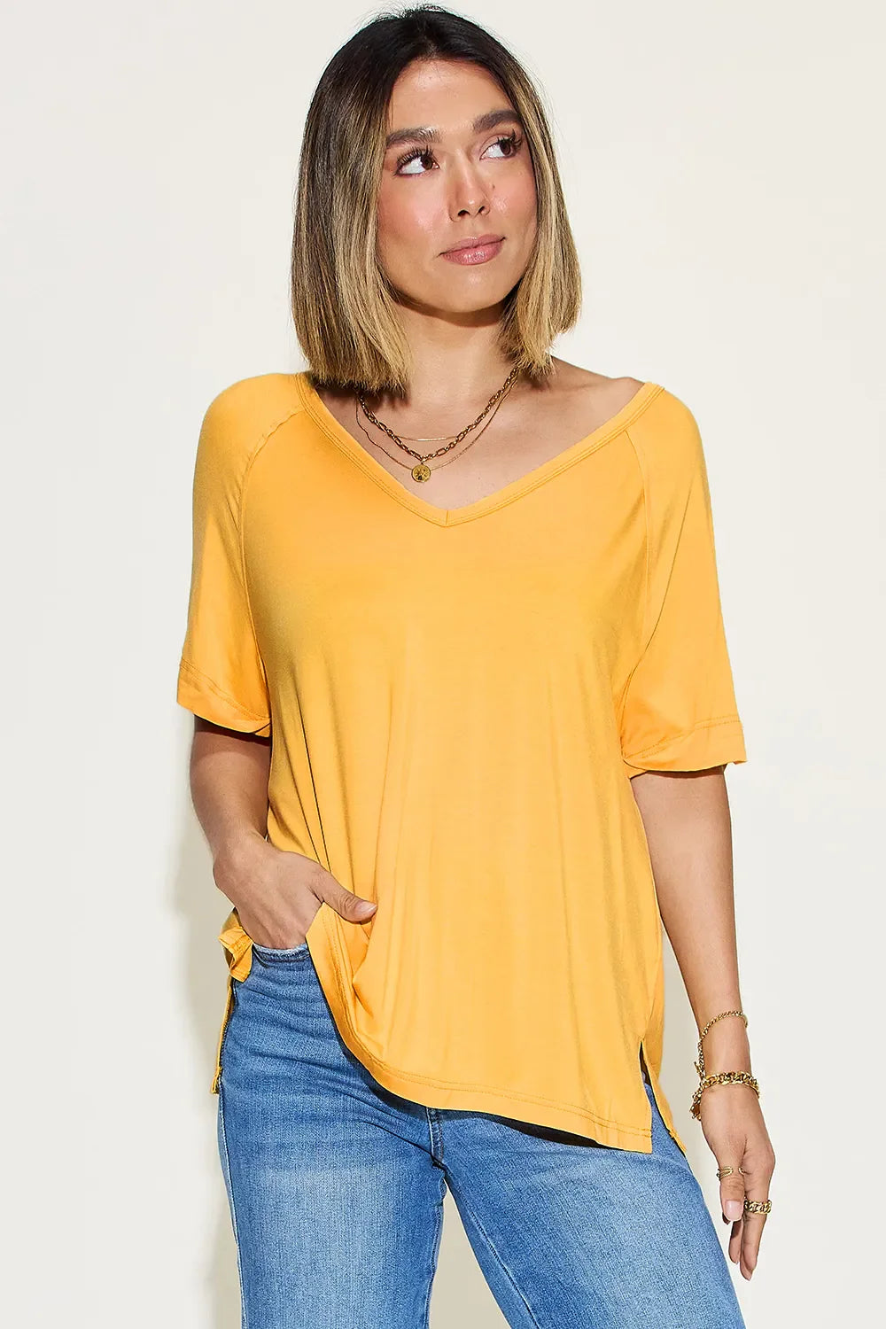 Basic Bae Full Size Bamboo Slit V-Neck Short Sleeve T-Shirt
