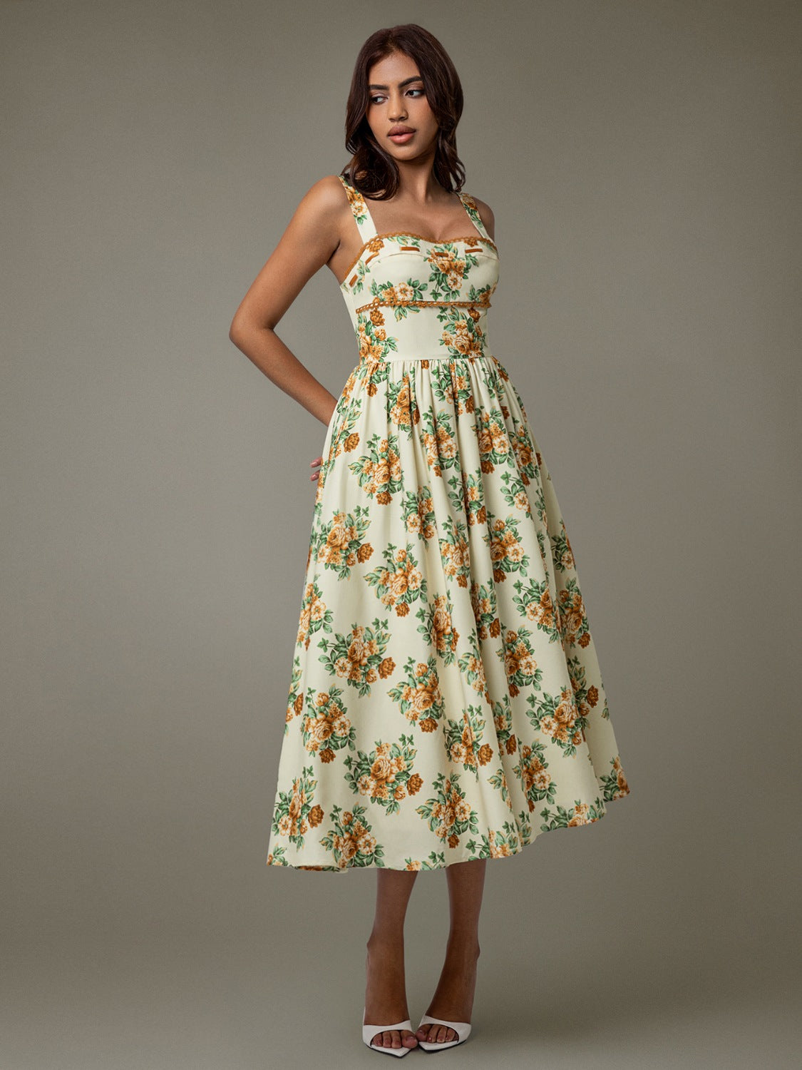 Lace Trim Floral Sleeveless Midi Dress - Ladyez