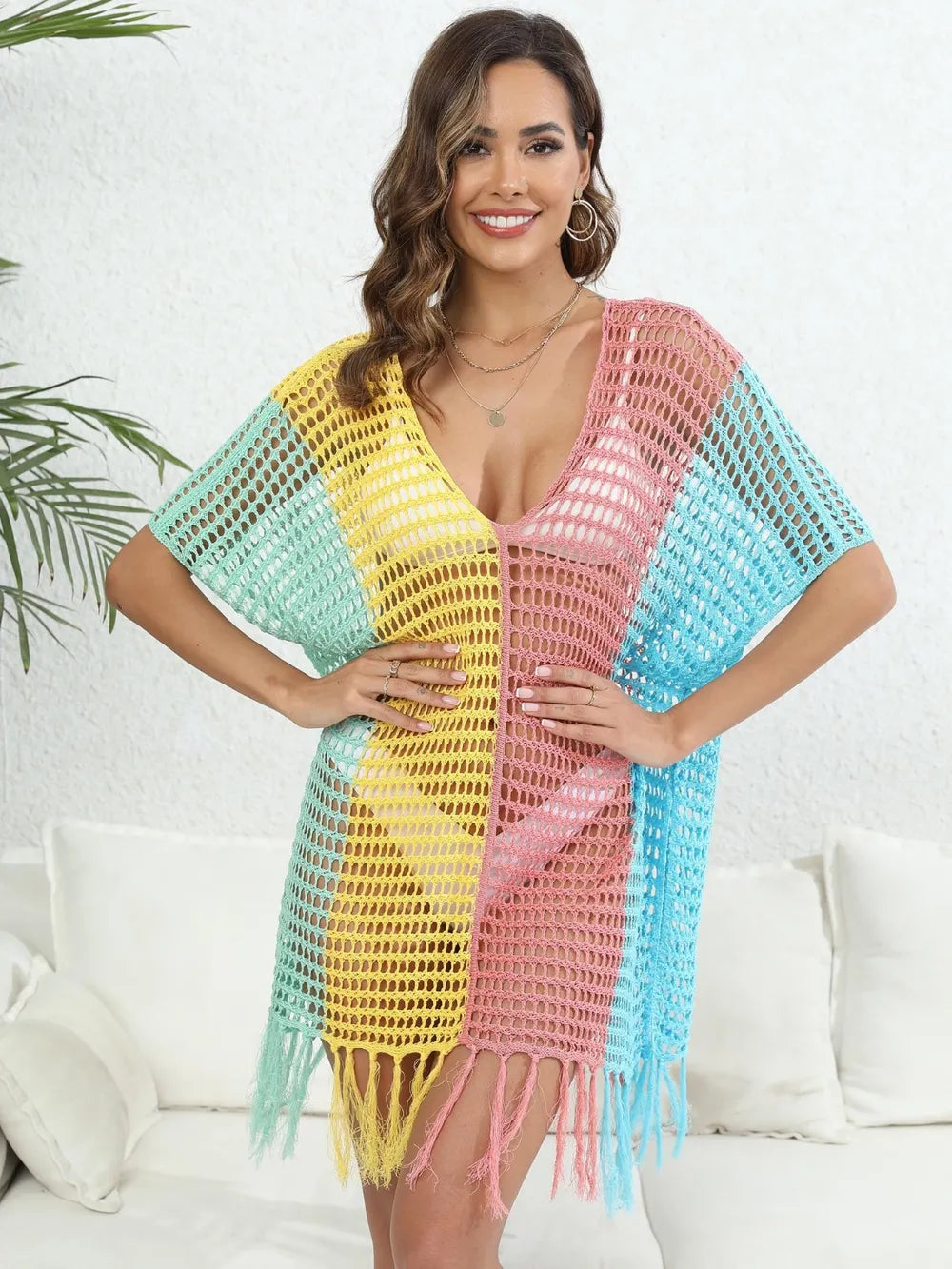 Fringe Color Block Scoop Neck Cover Up - Ladyez