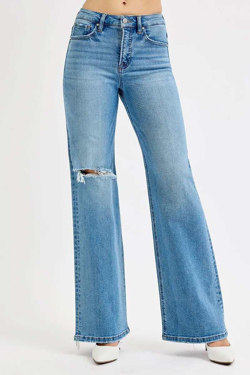RISEN Full Size Distressed Wide Leg Jeans Plus Size - Ladyez