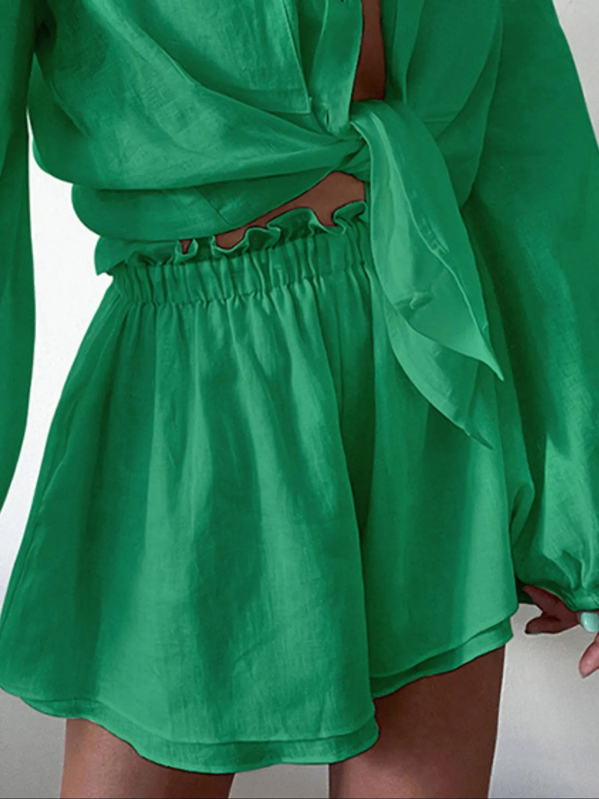 Full Size Button Up Balloon Sleeve Top and Shorts Set Plus Size - Ladyez