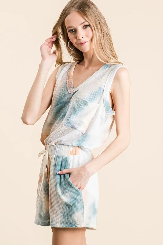 BiBi Tie Dye Textured Knit Top and Shorts Set
