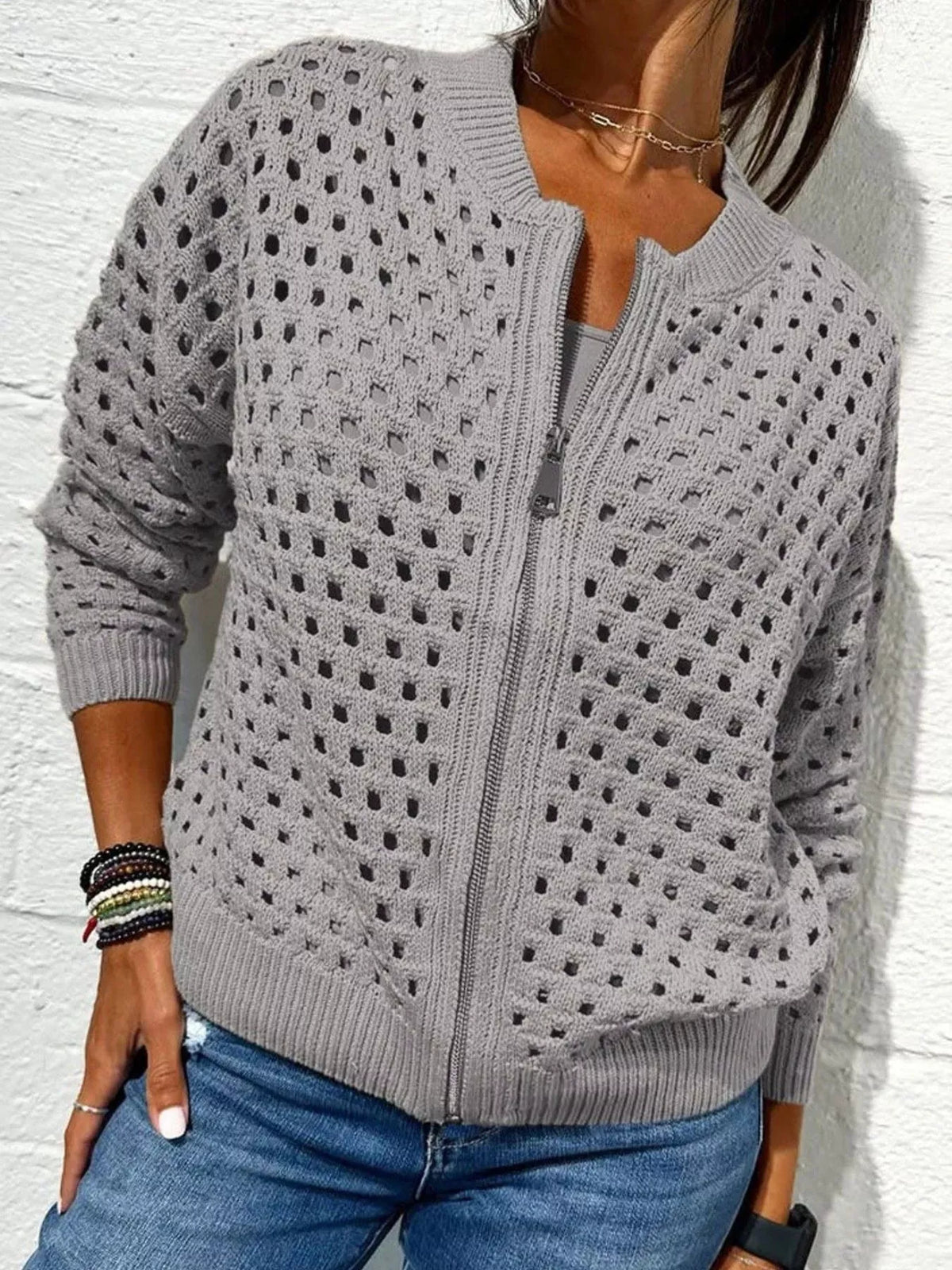 Full Size Zip Up Long Sleeve Cardigan with Eyelet Detail Plus Size