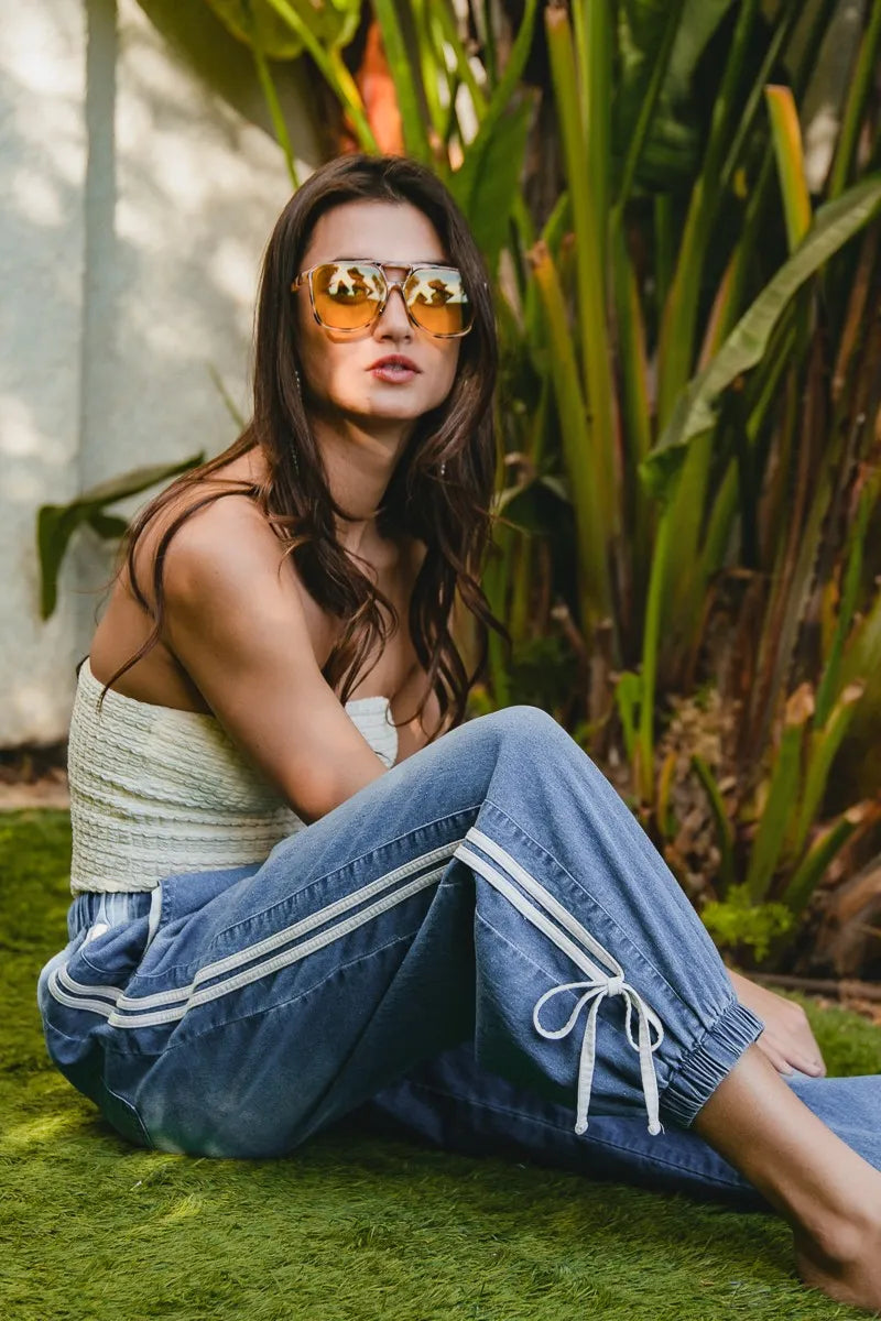 BiBi Striped Tape Details With Bot Tied Point Elastic Waist Jeans - Ladyez