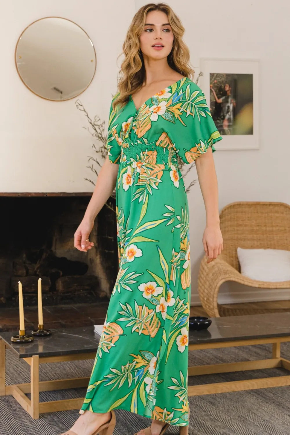ODDI Full Size Floral Smocked Tied Back Maxi Dress - Ladyez