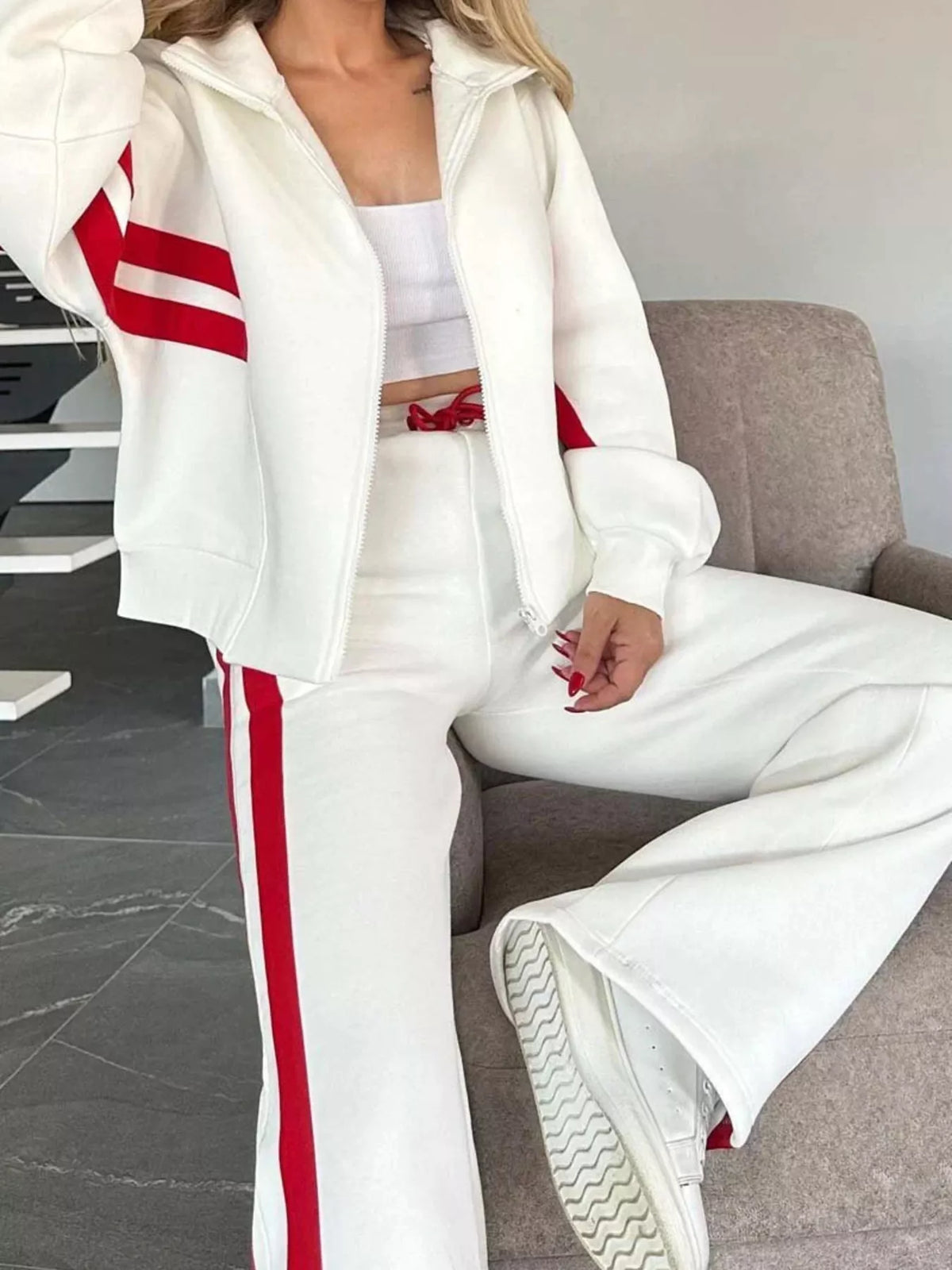 Full Size Striped Zip Up Outerwear and Pants Set Plus Size