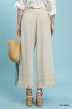 Umgee Lace Trim Fringe Hem Wide Leg Pants