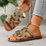 Chain-Decorated Patterned Slide Sandals