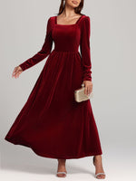 Velvet Square Neck Long Sleeve Dress - Ladyez
