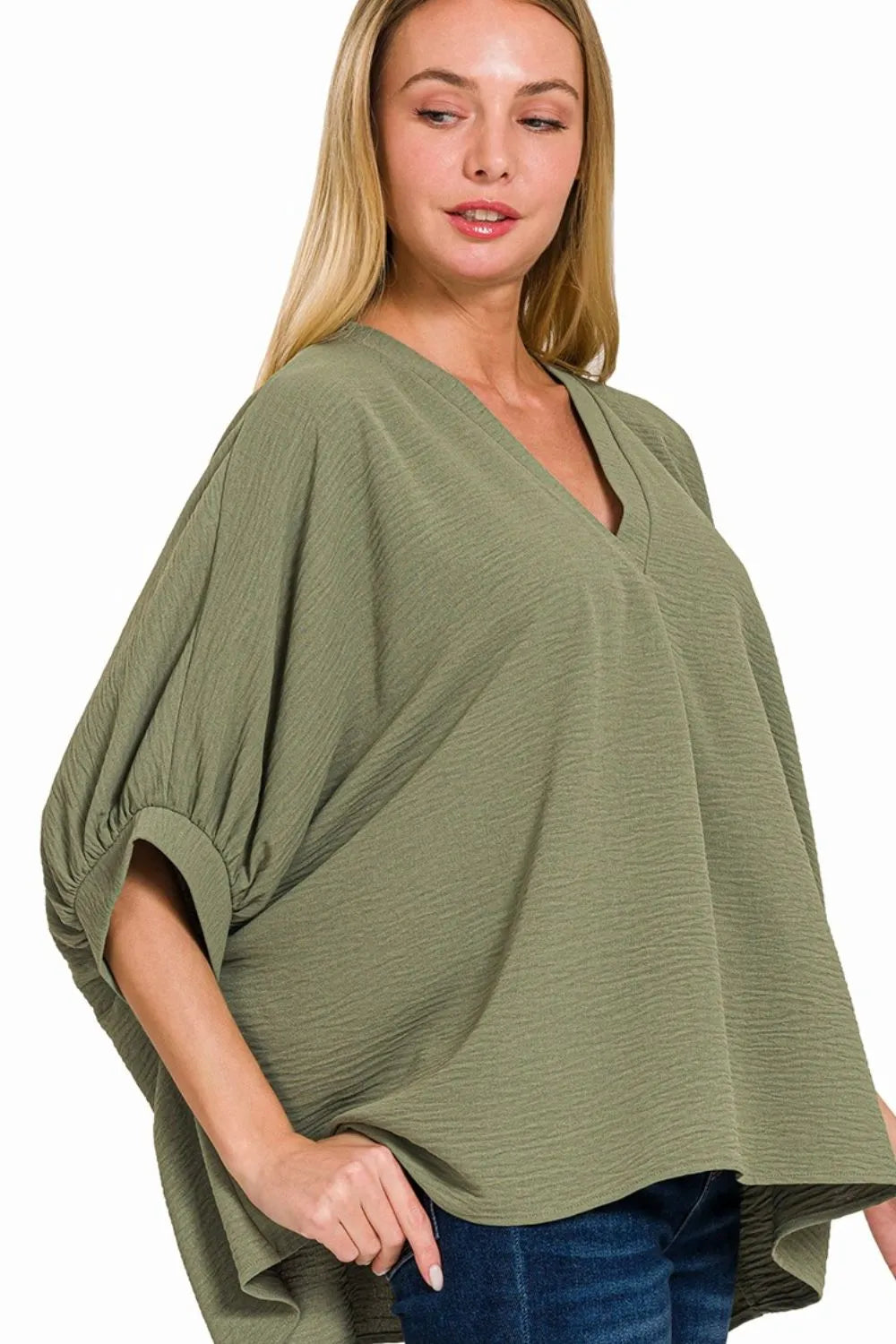 Zenana Woven Airflow V-neck Puff Half Sleeve Top - Ladyez