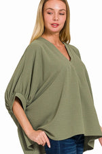Zenana Woven Airflow V-neck Puff Half Sleeve Top - Ladyez