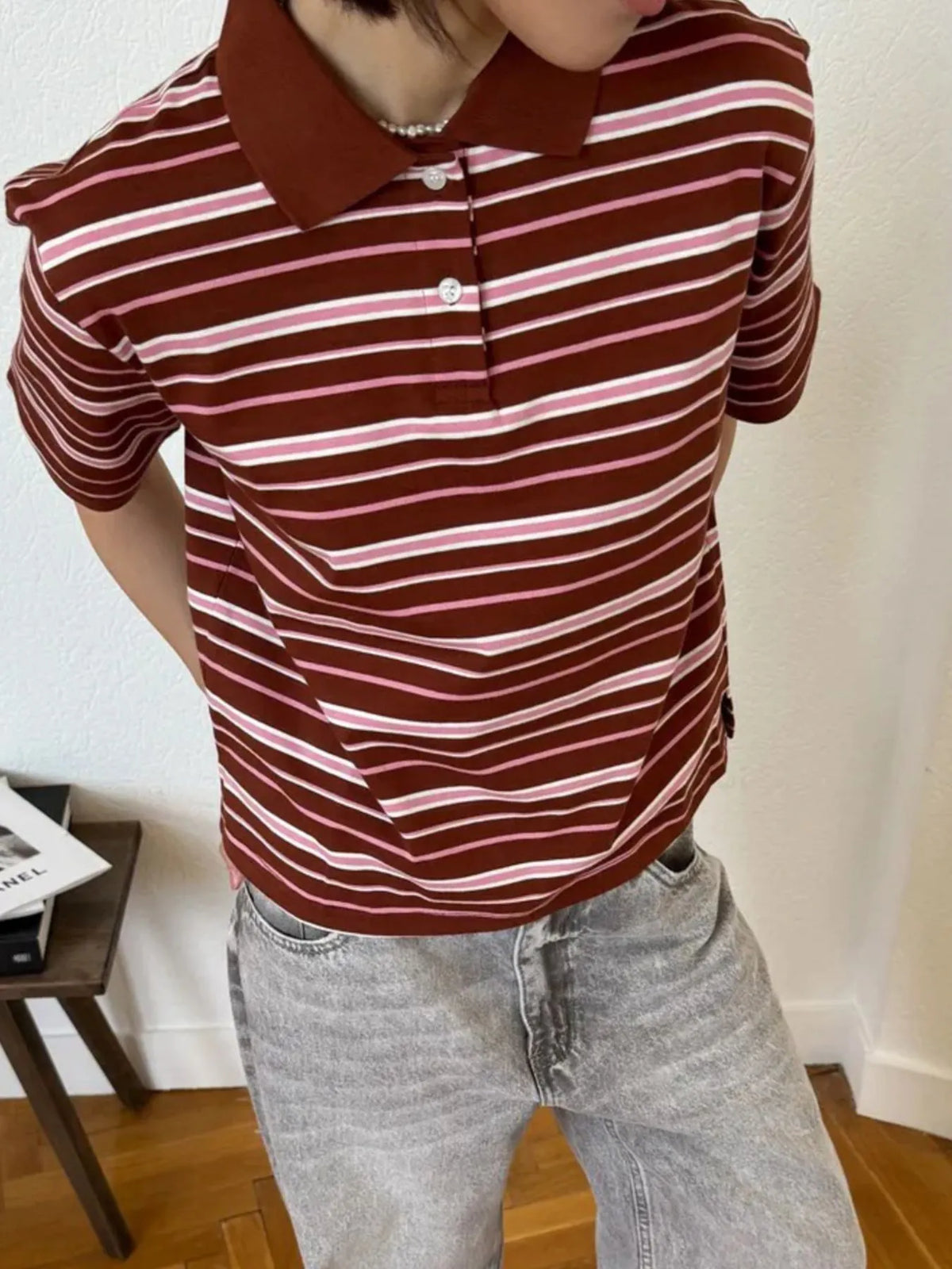 Striped Polo T-Shirt with Contrast Collar - Ladyez