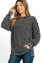 Zenana Acid Washed Double Ribbed Exposed-Seam Sweatshirt