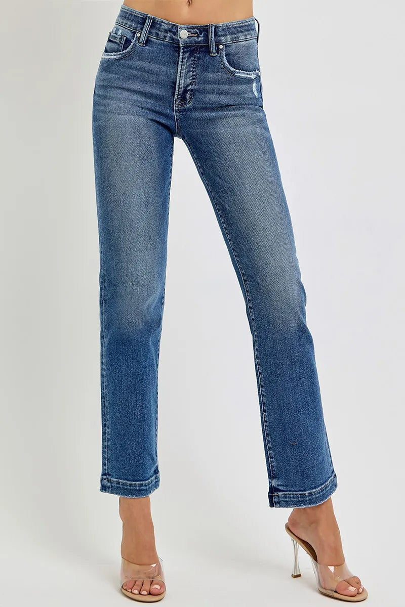 RISEN Full Size Tummy Control Elastic Band Mid Rise Straight Jeans Plus Size - Ladyez