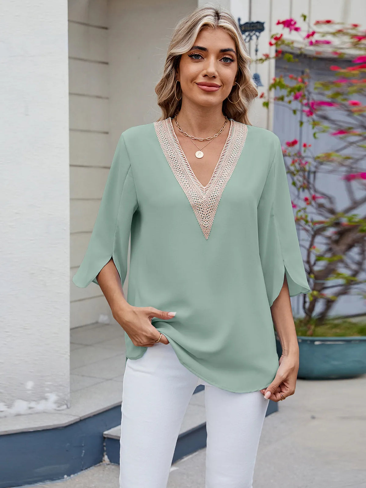 V-Neck Lace Trim Blouse - Ladyez