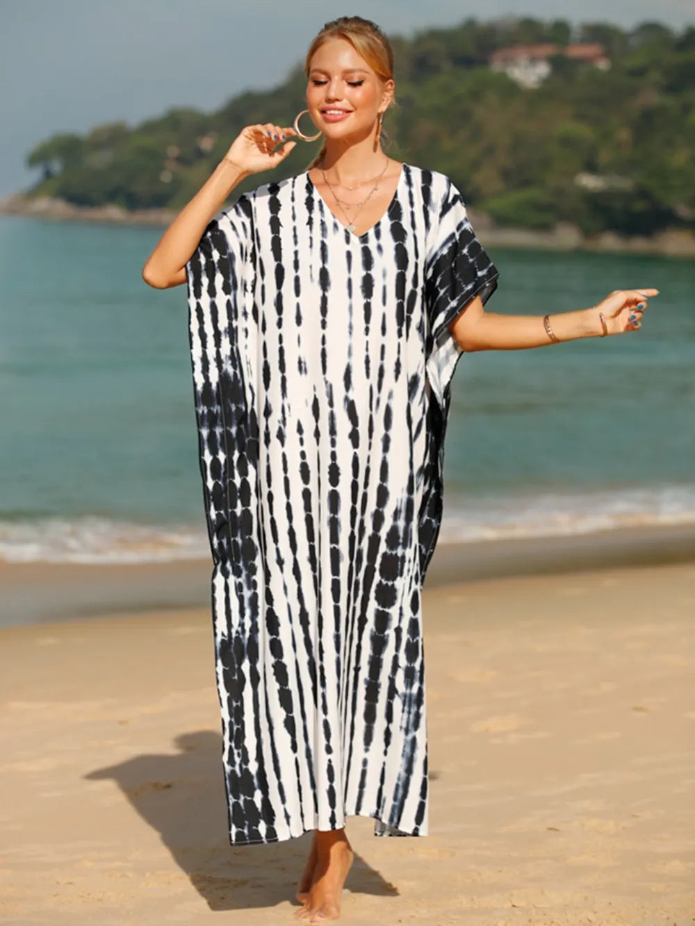 Tie-Dye V-Neck Half Sleeve Cover-Up - Ladyez