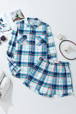Plaid Snap Down Long Sleeve Top and Shorts Lounge Set - Ladyez