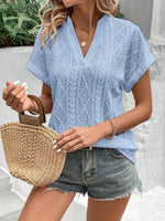 Openwork Notched Short Sleeve Blouse