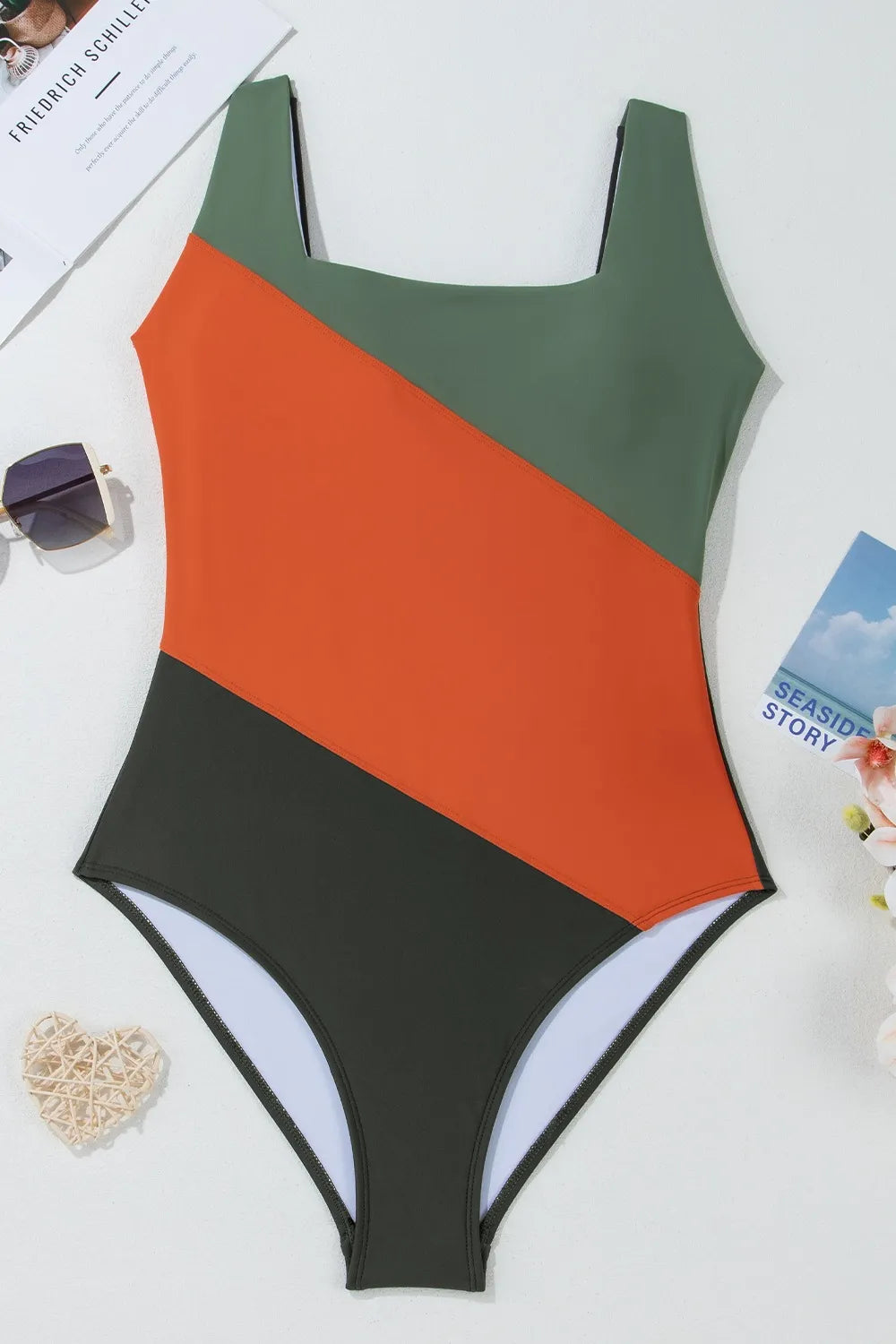 Color Block Padded Square Neck One Piece Swimsuit - Ladyez