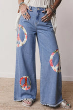 Floral Peace Sign Wide Leg Jeans