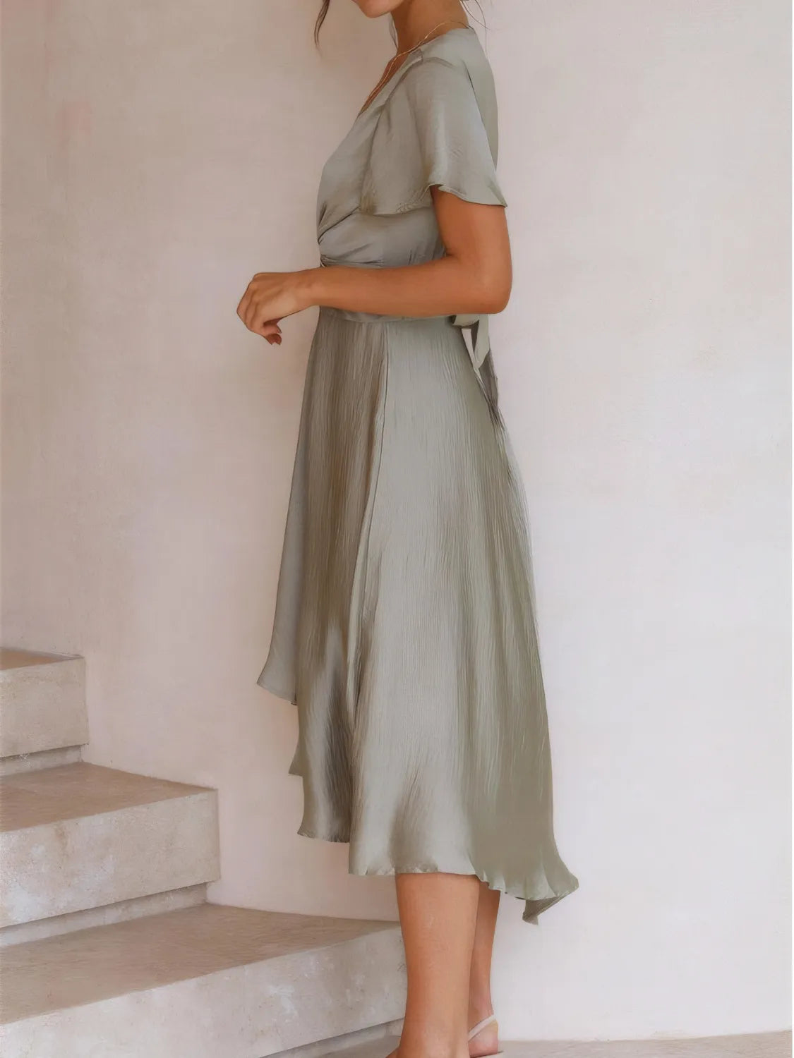 High-Low Plunge Flutter Sleeve Dress - Ladyez