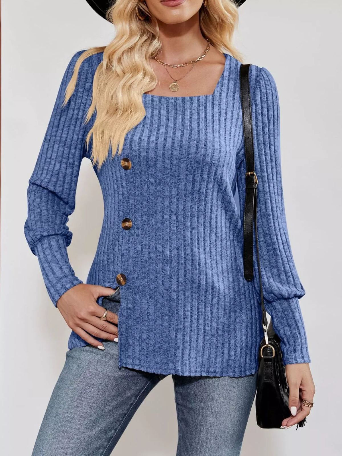 Ribbed Knit Slit Long Sleeve T-Shirt