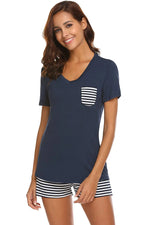 Striped Short Sleeve Top and Shorts Lounge Set - Ladyez