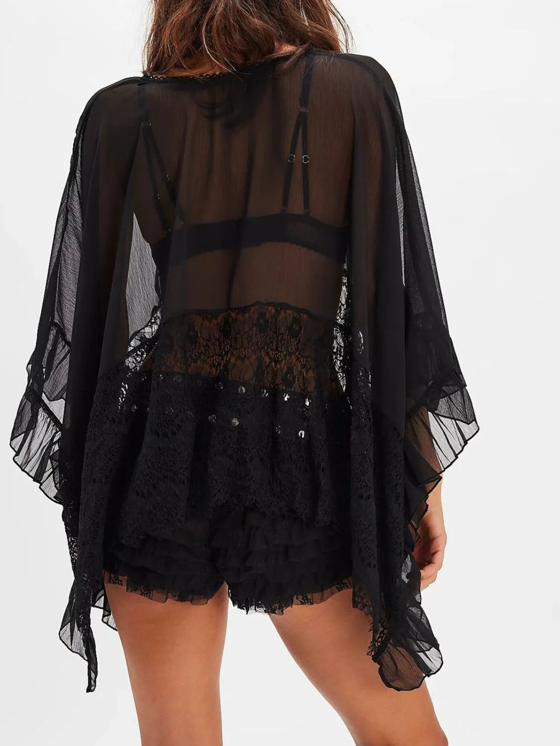 Lace V-Neck Ruffle Long Sleeve Cover-Up - Ladyez