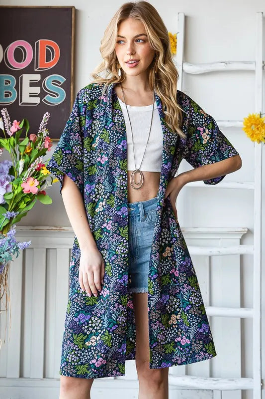 Heimish Full Size Half Sleeve Floral Open Cardigan Plus Size