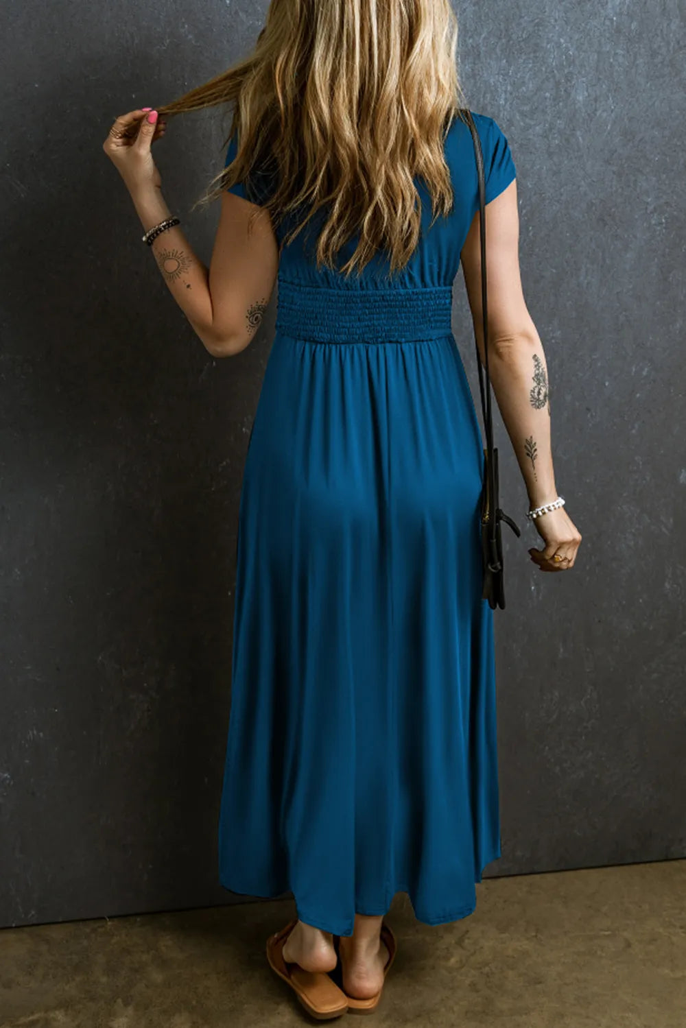 Smocked V-Neck Cap Sleeve Dress - Ladyez