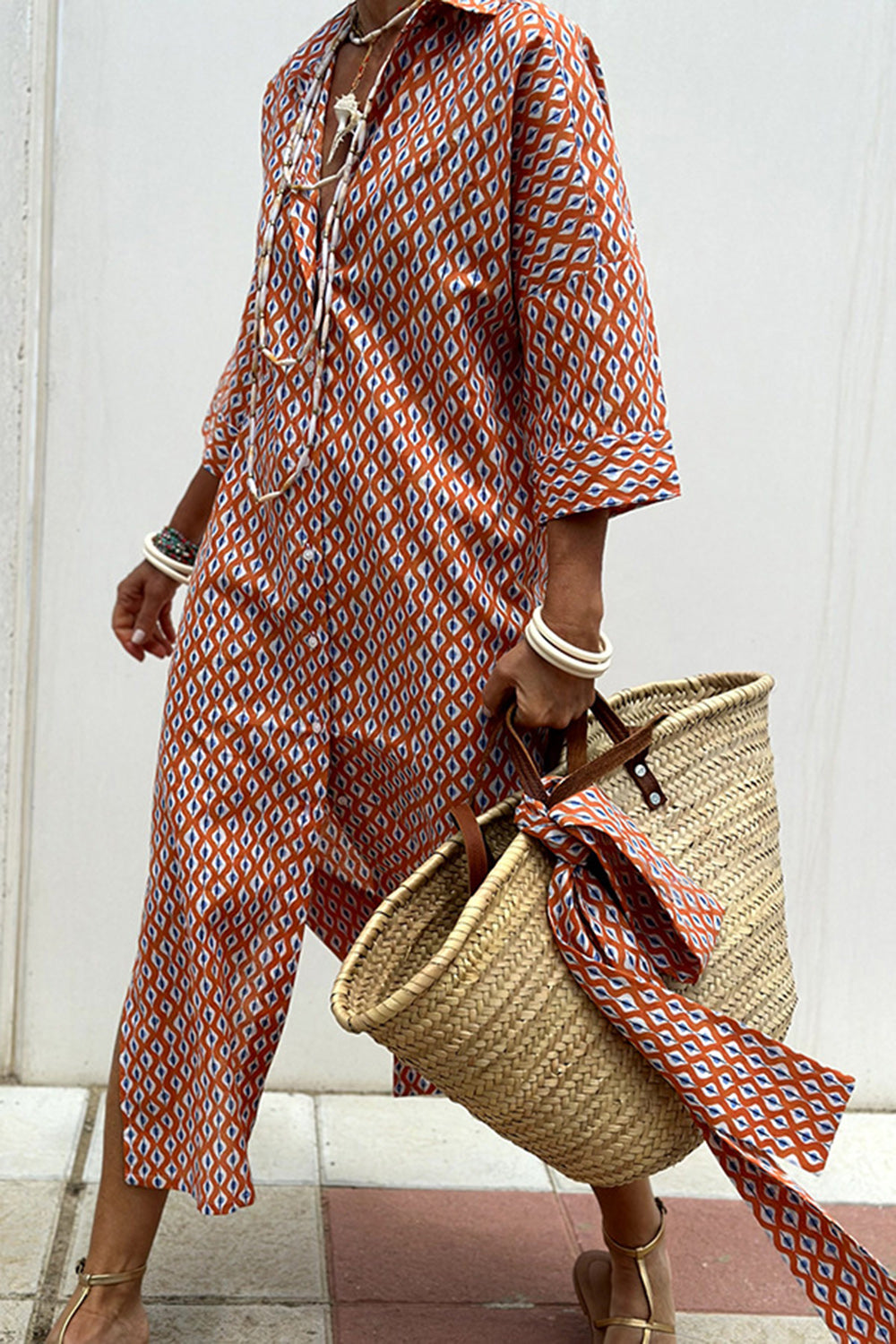 Tied Button Up Three-Quarter Sleeve Dress - Ladyez