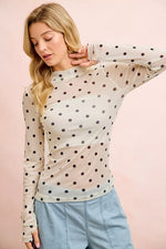 BiBi High Neck Line Polka Dots Mesh Top With Thumb Open