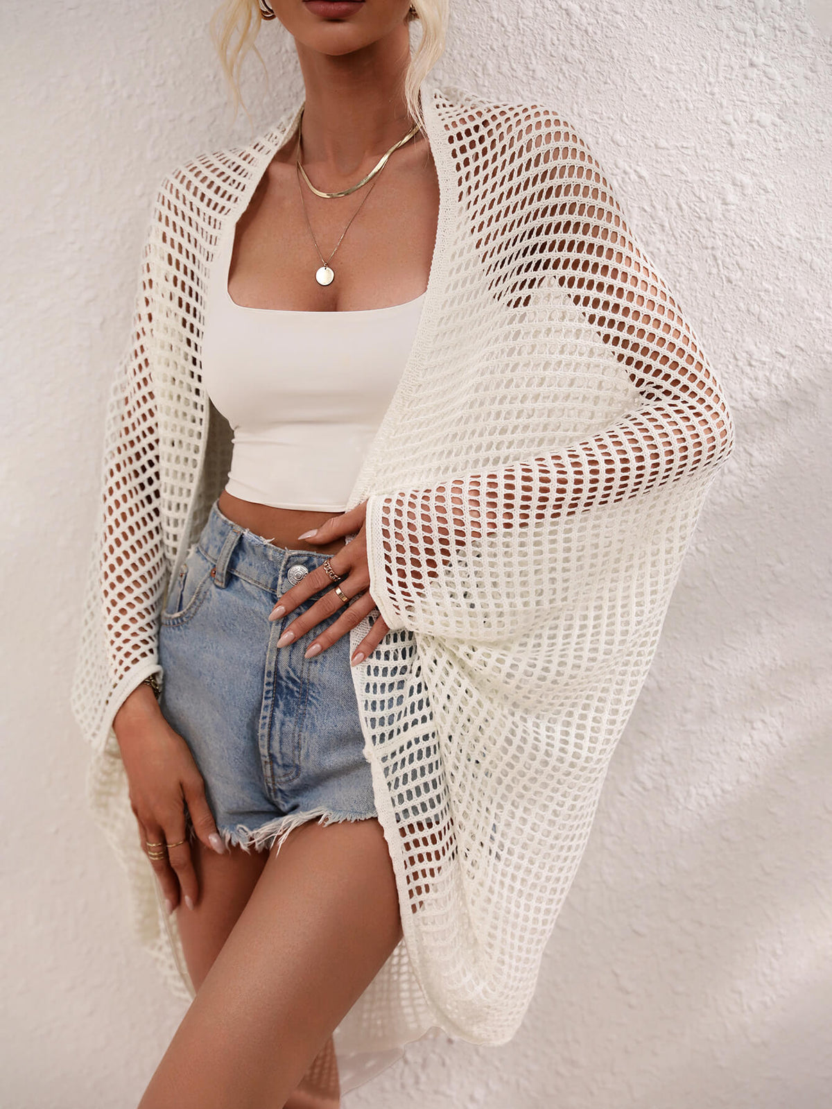 Openwork Open Front Longline Cover Up - Ladyez