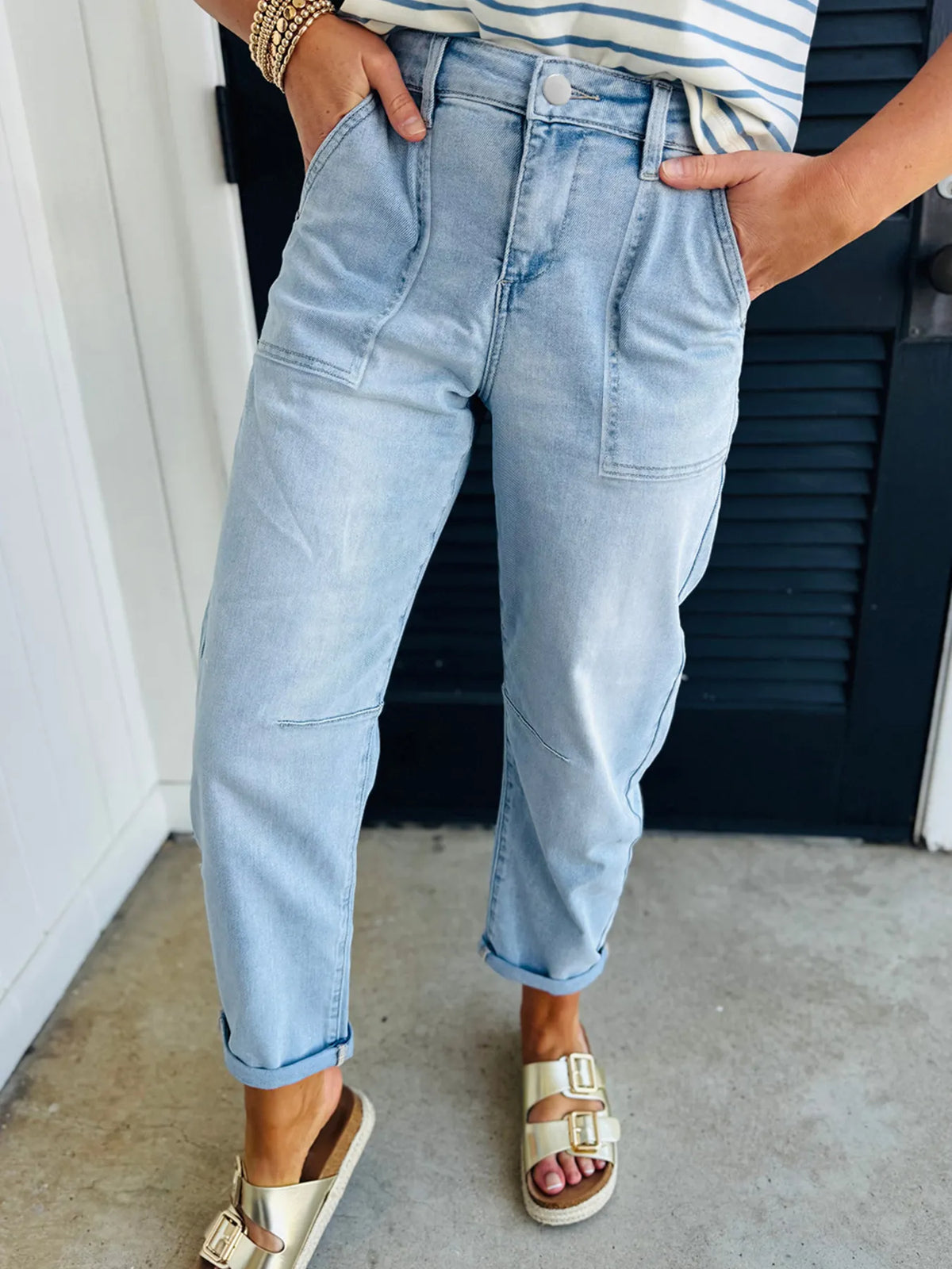 High Rise Barrel Relaxed Patch Pocket Jeans - Ladyez