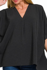 Zenana Woven Airflow V-neck Puff Half Sleeve Top
