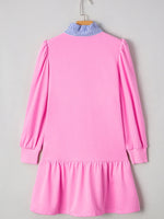 Contrast Striped Collar Patchwork Puff Sleeve Ruffle Hem Mini Dress