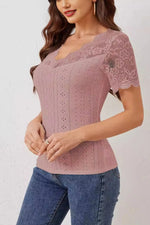 Lace Trim Eyelet Embroidered Summer T-Shirt - Ladyez
