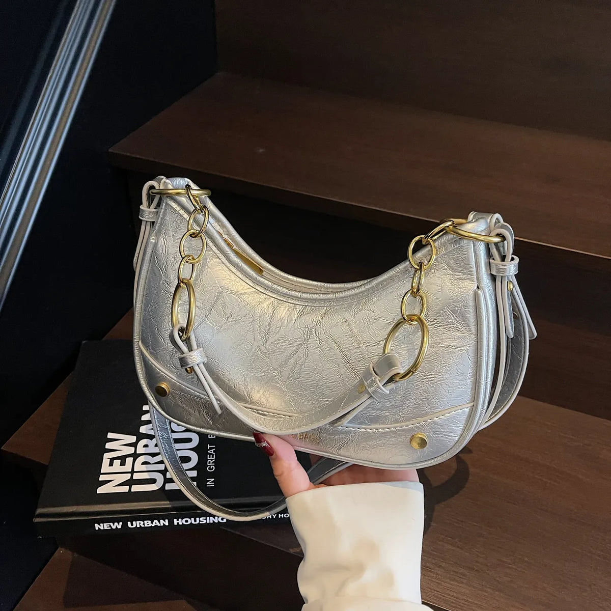 Leather Crescent Shoulder Bag - Ladyez