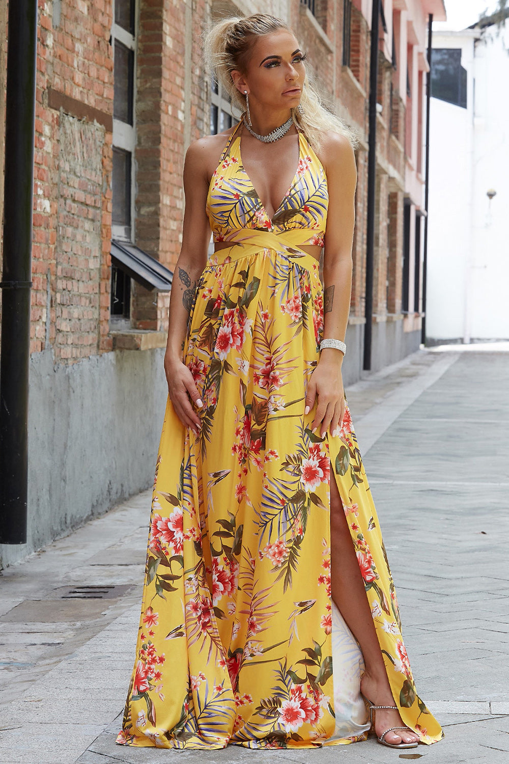 Halter Neck Split Dress - Ladyez