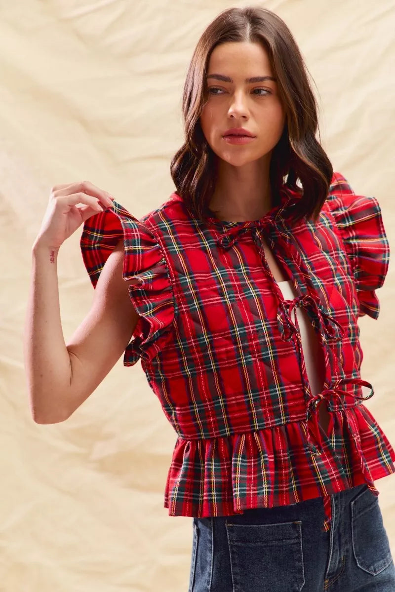 SO ME Christmas Holiday Plaid Ruffled Quilt Vest Top