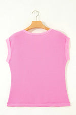 Solid Color Raw Seam Waffled Patchwork Casual T Shirt