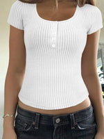 Ribbed Button Detail Round Neck Short Sleeve T-Shirt