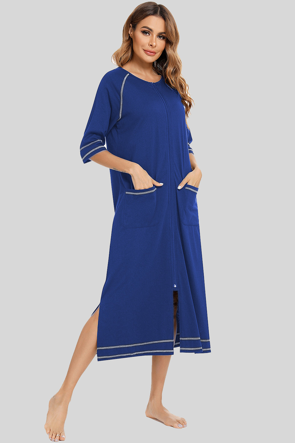 Zip Up Slit Round Neck Night Dress with Pockets - Ladyez
