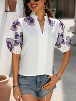 Floral Print Notched Puff Sleeve Blouse - Ladyez