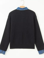 Denim Patchwork Collar Cuffed Casual Sweater