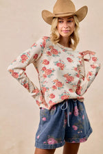 BiBi Floral Print Washed Waffle Thermal Top With Thumb
