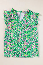 Abstract Print Ruffled Trim Tie Neck Top