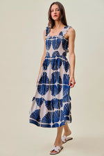 SO ME Abstract Print Smocked Bodice Tiered Lined Midi Dress