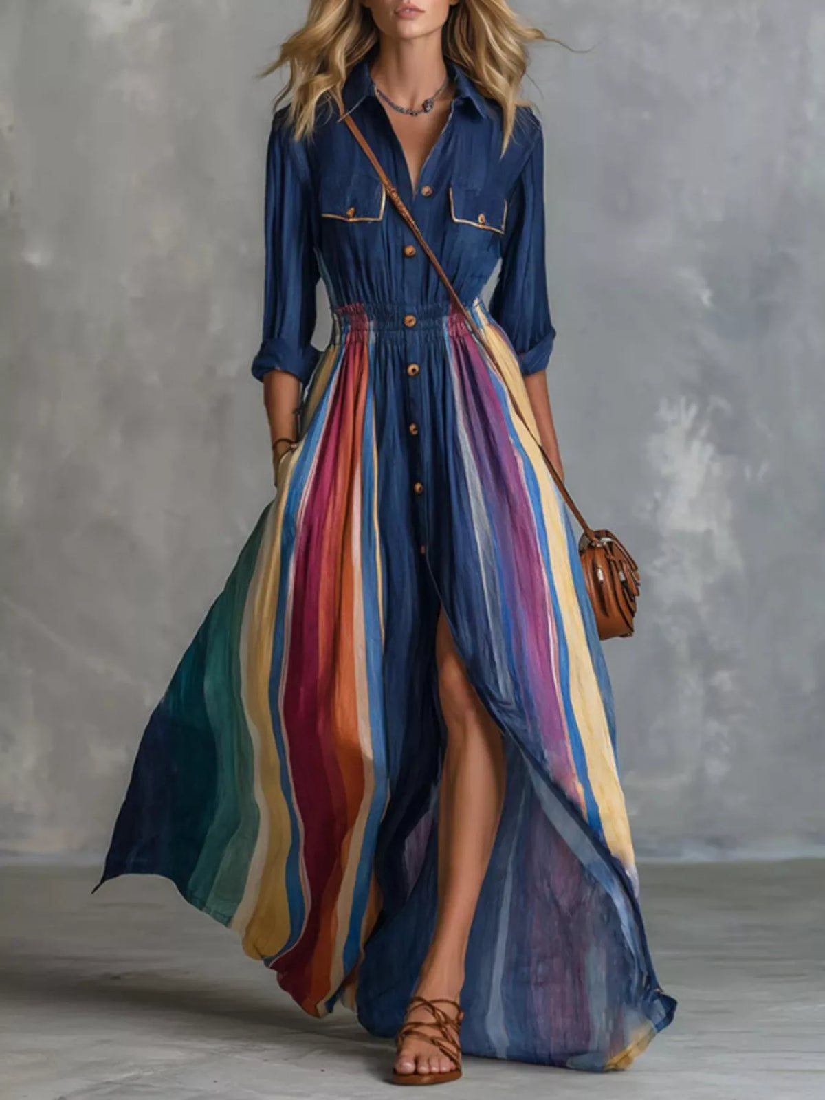 Multi-Color Striped Maxi Shirt Dress